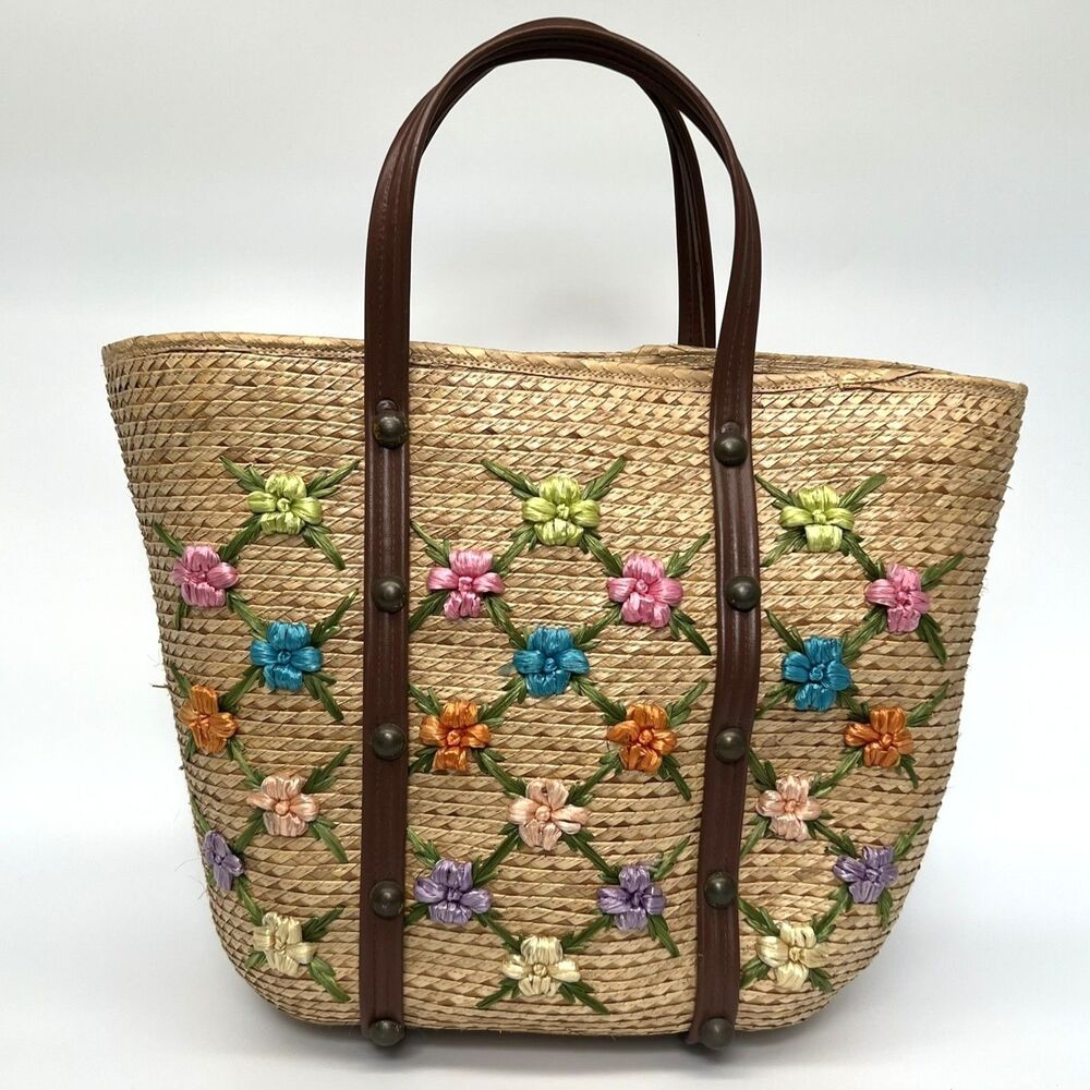 VTG Straw Tote Floral Raffia Bag Boho Market Beach Handmade Cottagecore Coastal